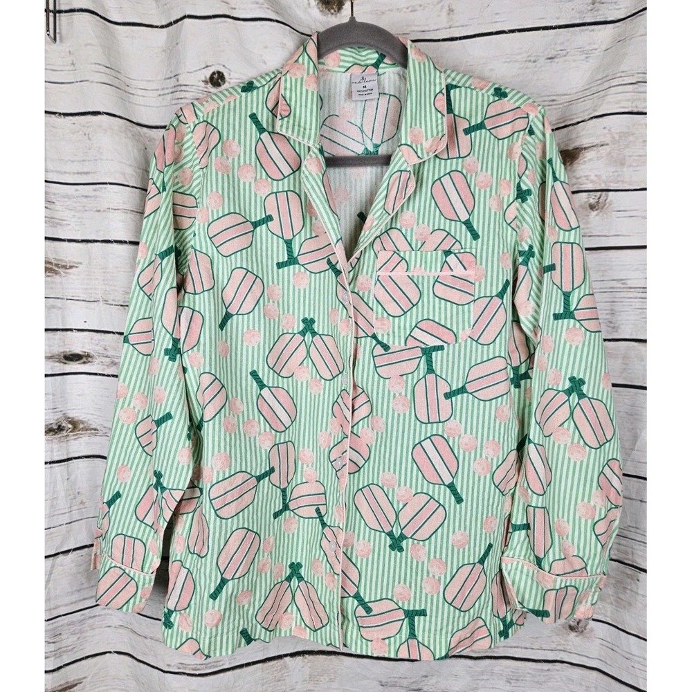 8 Oak Lane Pickleball Pajama Button Top M Long Sleeve Womens Pink Green